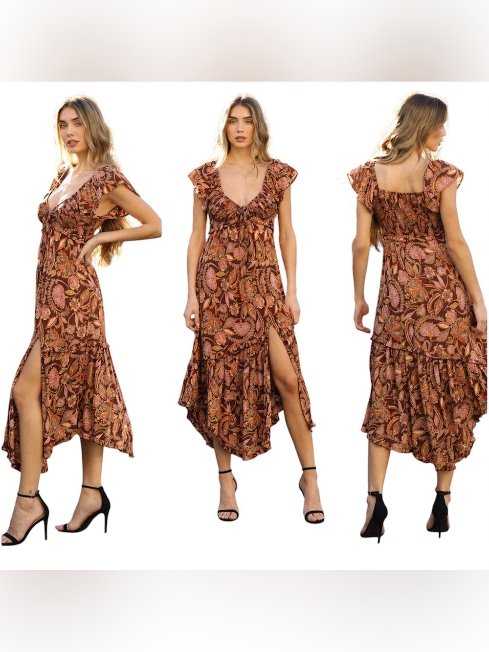 Vintage Angie Autumn Petals Brown Floral Boho Maxi Dress Medium NWOT